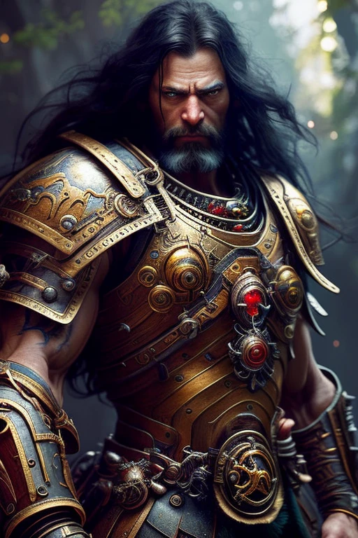 A (full body:1.3) shot at 8k resolution, splash art, fantastic comic book style, photorealistic, intense look, anatomical photorealistic digital painting portrait of a (old male:1.3) human (warrior:1.3) in black and gold intricate (heavy armor:1.3) with (red hair) in a (dark and moody universe:1.3), light particle, very detailed skin,samurai, very detailed eyes, (elden ring style:1.1), (warhammer style:1.4), concept artist, global illumination, depth of field, splash art, art by artgerm and greg rutkowski and viktoria gavrilenko