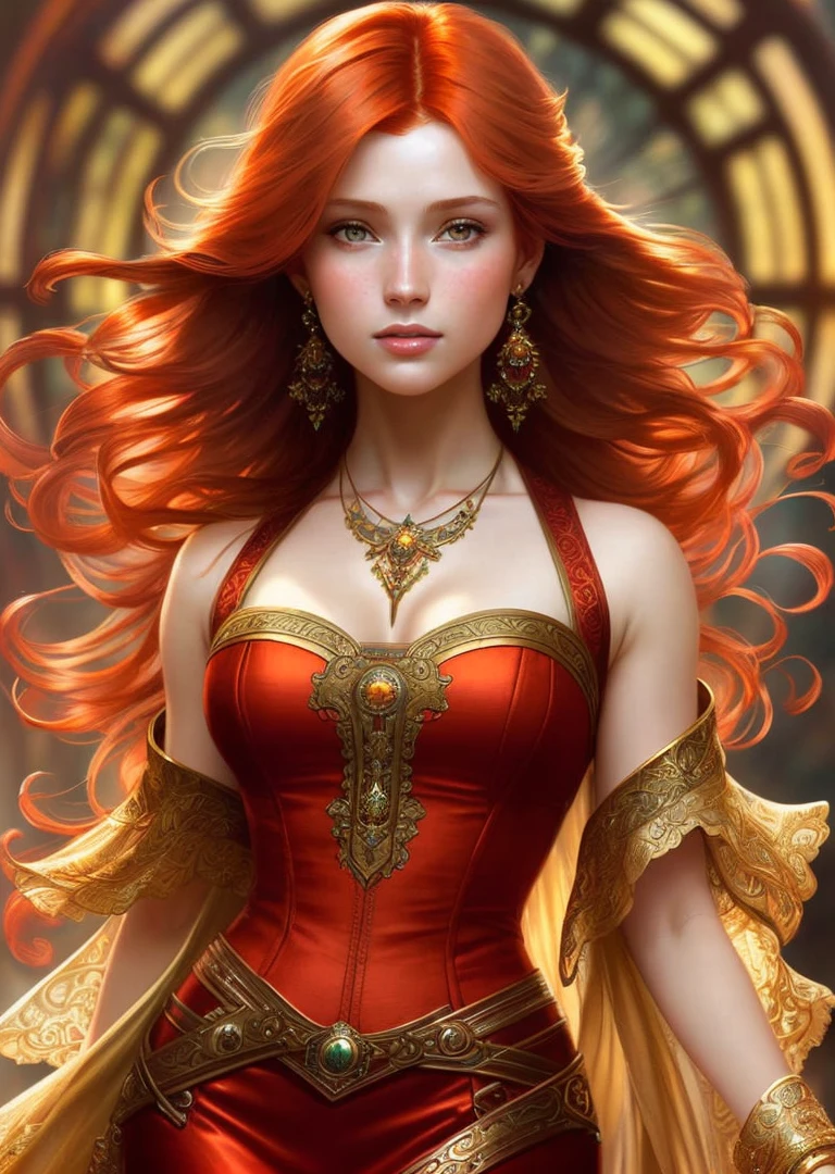 model style, (extremely detailed cg unity 8k wallpaper), full image of the most beautiful piece of art in the world, ((redhead (((woman))) from 40s)), popular on artstation, popular in cgsociety, intricate, detailed , sharp, dramatic, photorealistic paintings. Manzanedo, author (Alphonse Mucha), Gaston Bussière