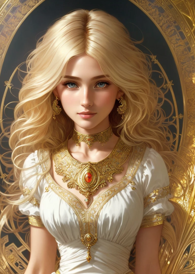 model style, (extremely detailed cg unity 8k wallpaper), full image of the most beautiful piece of art in the world, ((blonde (((woman))) from 40s)), trending on artstation, popular in cgsociety, intricate, detailed, sharp, dramatic, photorealistic paintings. Manzanedo, author (Alphonse Mucha), Gaston Bussière