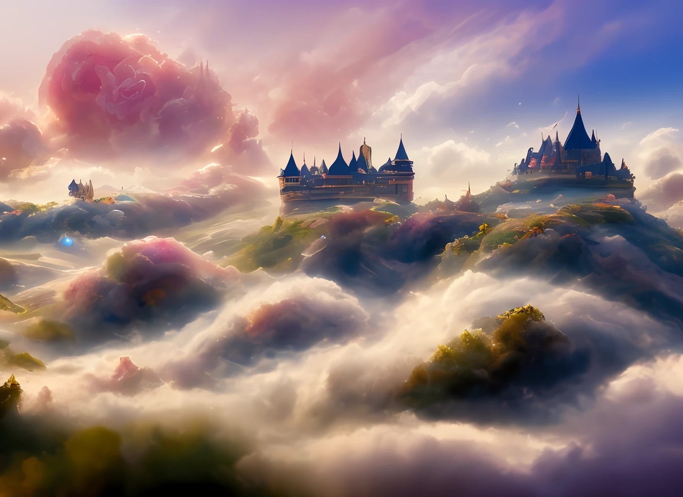 a discodifland with swirling clouds and flowers, (sky rose fantasy castle), (ridiculous), dreamy, disney, painted by Thomas Kincaid, artstation, sharp focus, inspiring 8k wallpaper,