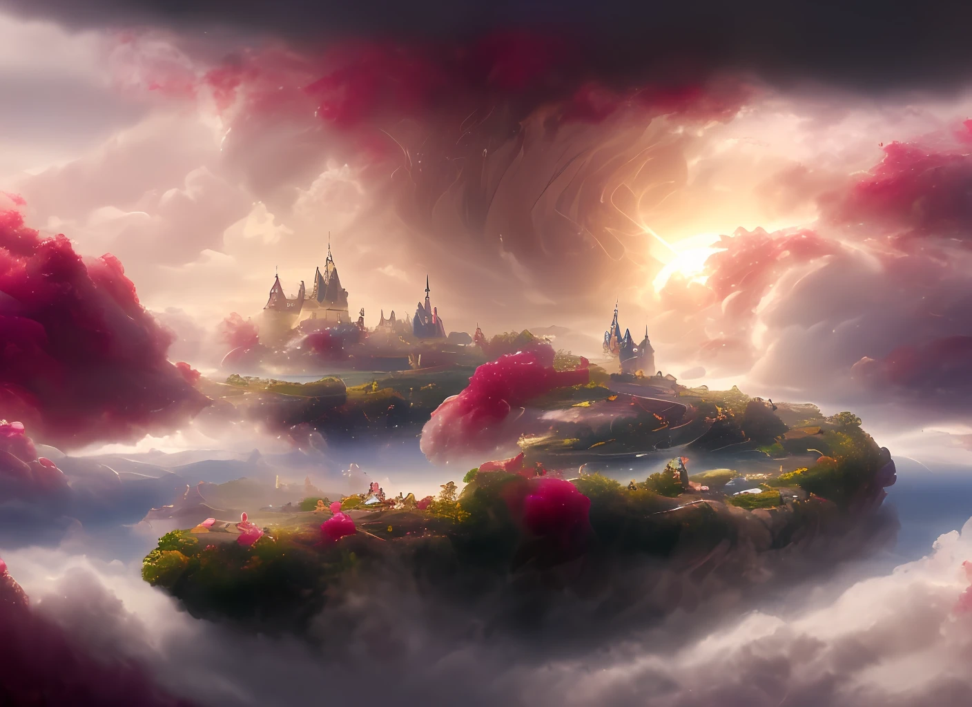 una discodiflandia con nubes y flores arremolinadas, (cielo rosa fantasía castillo), (rosas rojas) (Ridículo), soñador, Disney, pintado por Thomas Kincaid, estación de arte, enfoque nítido, inspirador fondo de pantalla 8k,