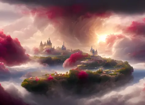 a discodifland with swirling clouds and flowers, (sky rose fantasy castle), (red roses) (ridiculous), dreamy, disney, painted by...