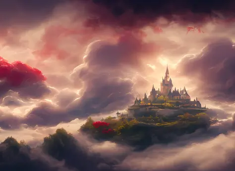 a discodifland with swirling clouds and flowers, (sky rose fantasy castle), (red roses) (ridiculous), dreamy, disney, painted by...