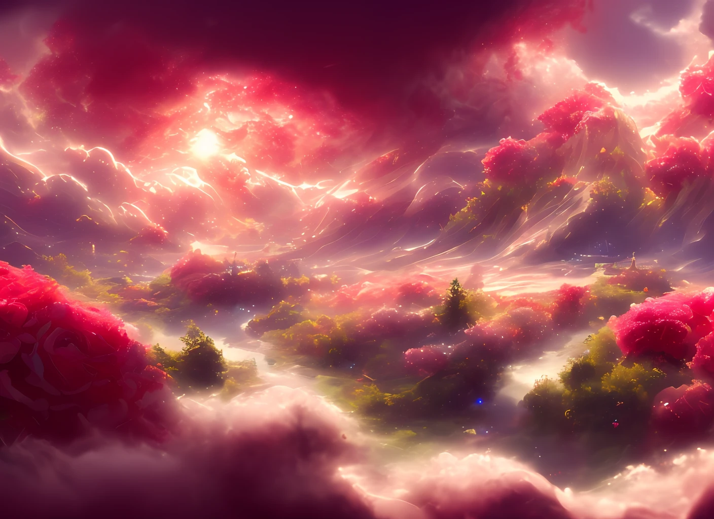 a discodifland with swirling clouds and flowers, (sky rose fantasy castle), (red roses), (ridiculous), dreamy, disney, painted by Thomas Kincaid, artstation, sharp focus, inspiring 8k wallpaper,