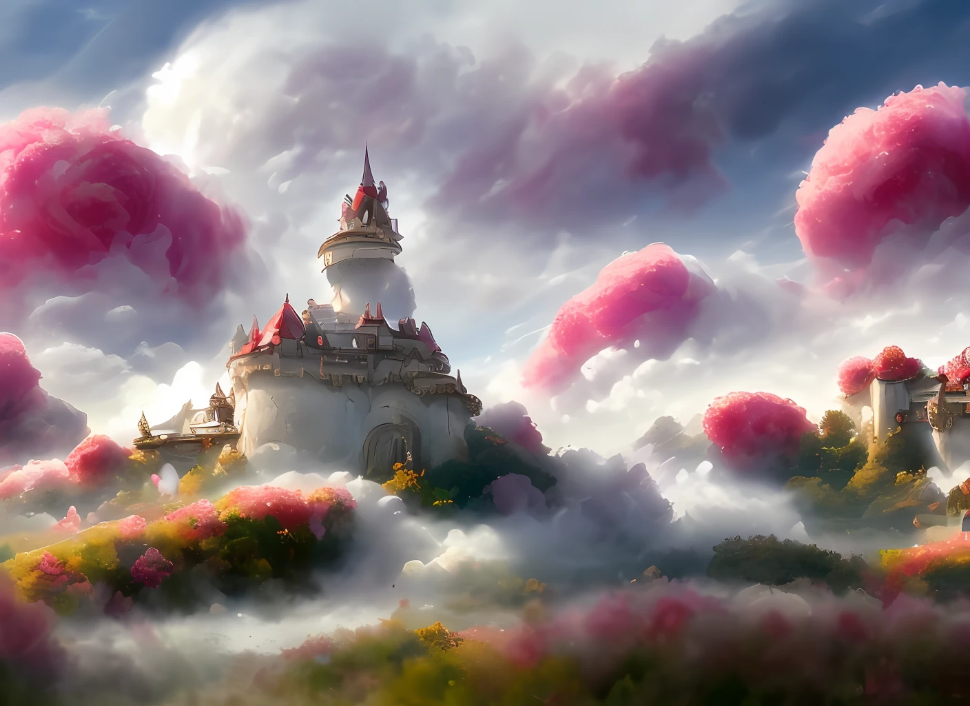 Un discodifland avec des nuages tourbillonnants et des fleurs, (ciel rose château fantastique), (roses rouges), (ridicule), rêveur, Disney, peint par Thomas Kincaid, Station artistique, netteté, fond d&#39;écran 8k inspirant,