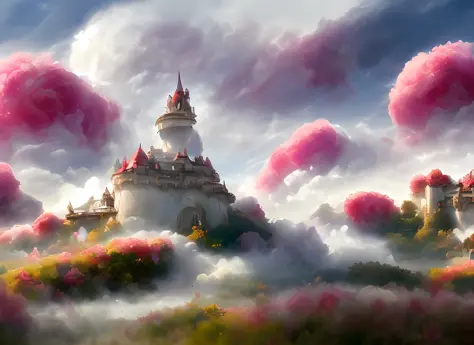 a discodifland with swirling clouds and flowers, (sky rose fantasy castle), (red roses), (ridiculous), dreamy, disney, painted b...