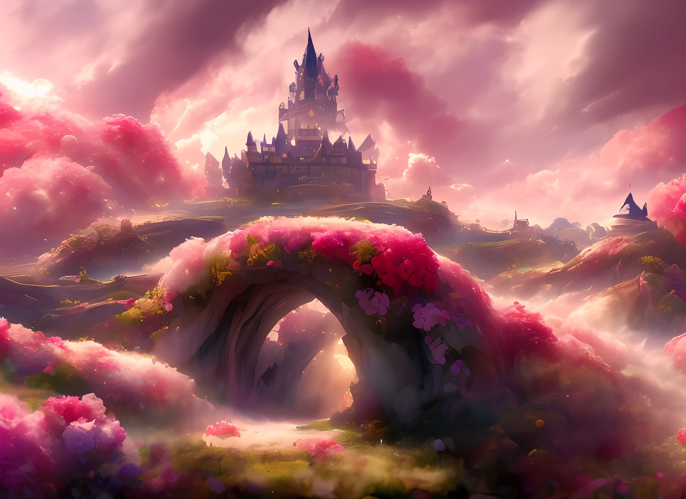 Un discodifland avec des nuages tourbillonnants et des fleurs, (ciel rose château fantastique), (roses rouges), (ridicule), rêveur, Disney, peint par Thomas Kincaid, Station artistique, netteté, fond d&#39;écran 8k inspirant,