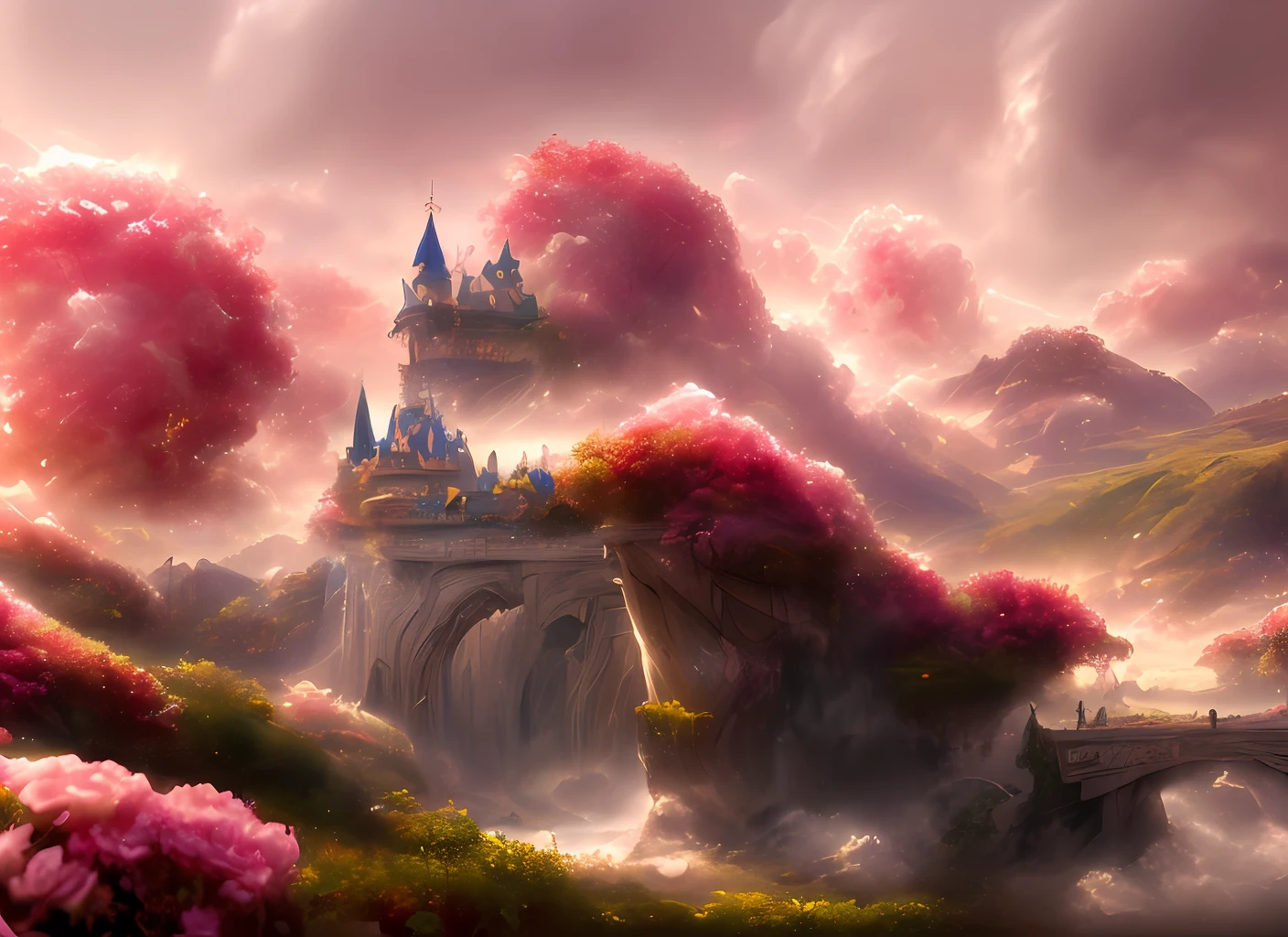 Un discodifland avec des nuages tourbillonnants et des fleurs, (ciel rose château fantastique), (roses rouges), (ridicule), rêveur, Disney, peint par Thomas Kincaid, Station artistique, netteté, fond d&#39;écran 8k inspirant,