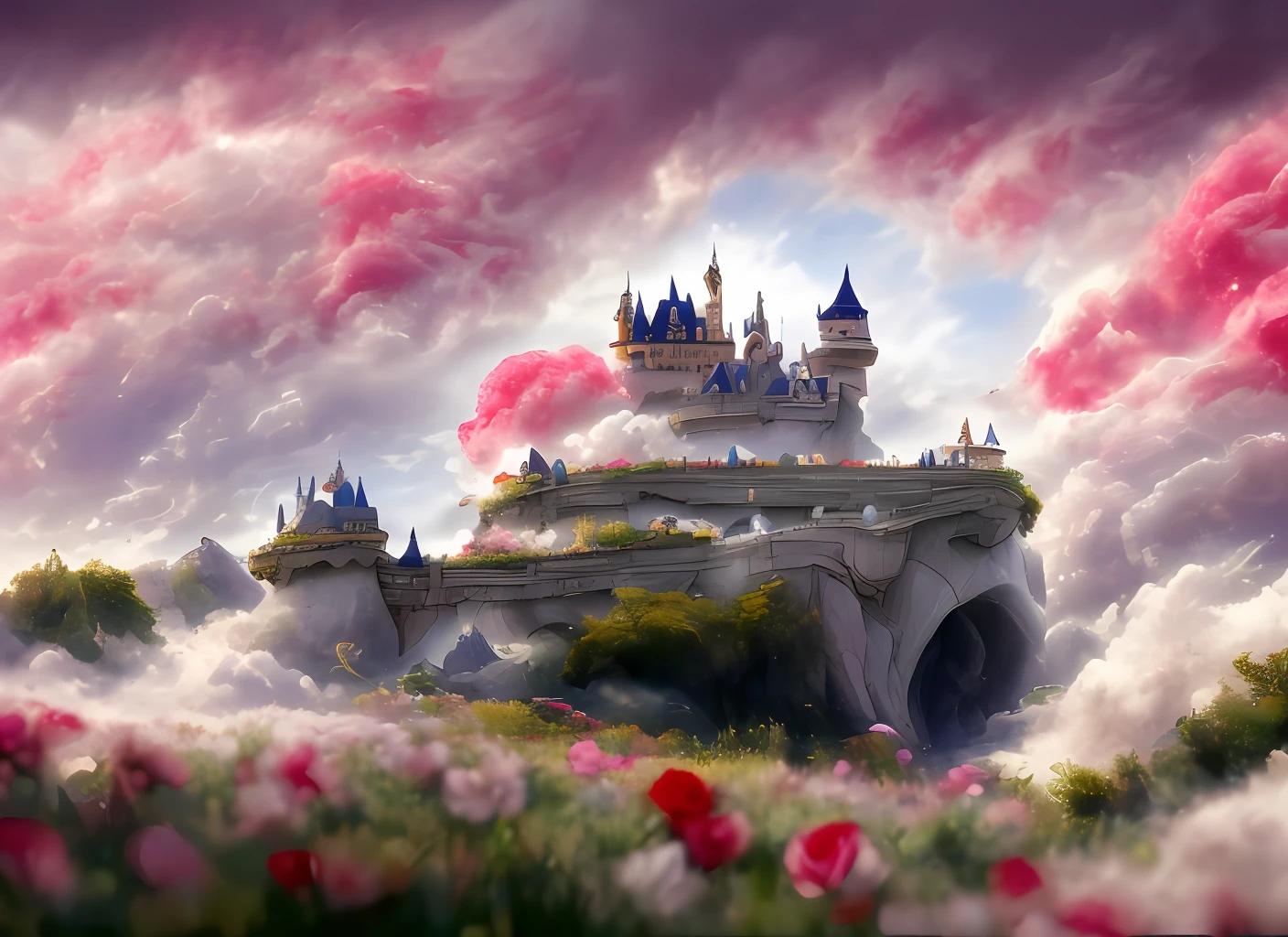 a discodifland with swirling clouds and flowers, (sky rose fantasy castle), (red roses), (ridiculous), dreamy, disney, painted by Thomas Kincaid, artstation, sharp focus, inspiring 8k wallpaper,