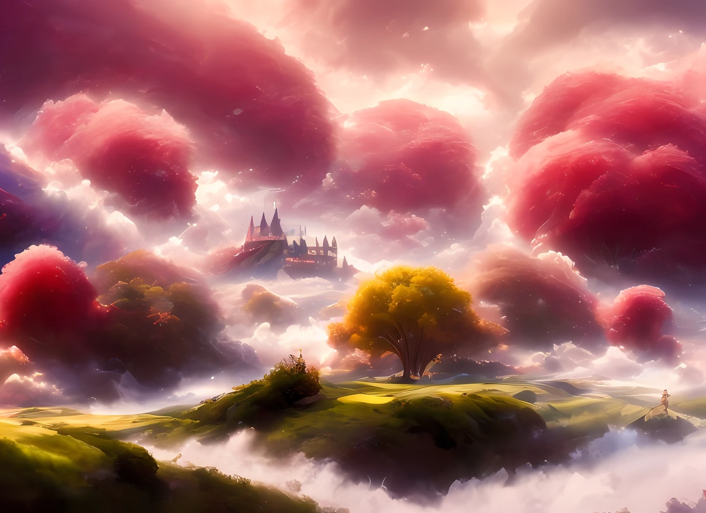 a discodifland with swirling clouds and flowers, (sky rose fantasy castle), (red roses), (ridiculous), dreamy, disney, painted by Thomas Kincaid, artstation, sharp focus, inspiring 8k wallpaper,