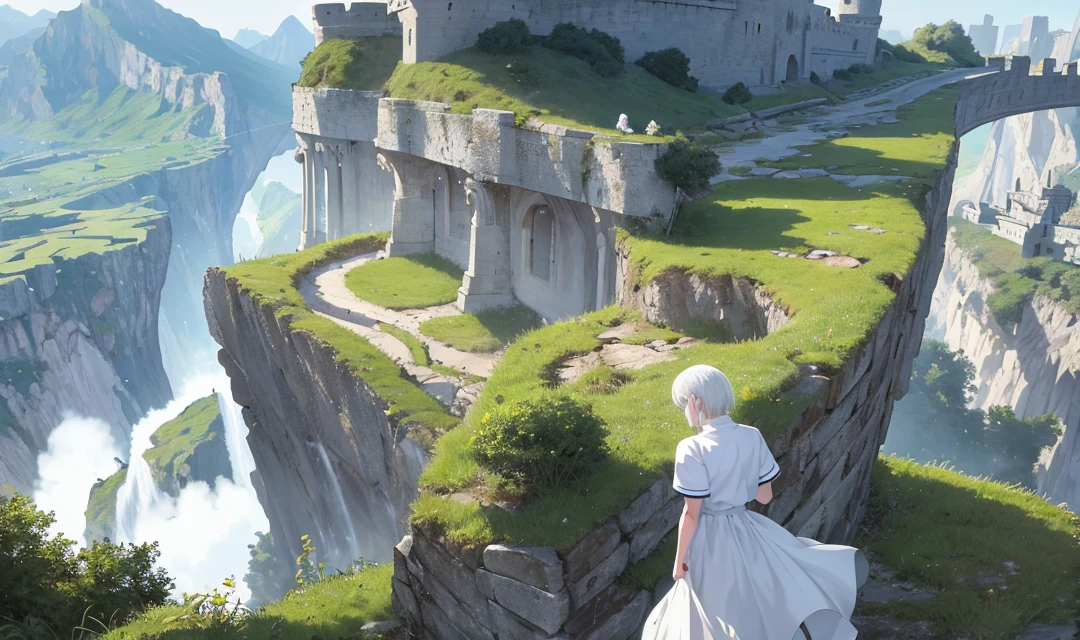 Anime, works, top quality, ultra_detailed,1girl, upper body, white hair, white shirt, short sleeves, medium-chested, silver hair, shirt, landscape, back facing, viewing landscape, spacious and beautiful landscape, there is a big wall and ancient castle, rivers flow from the wall