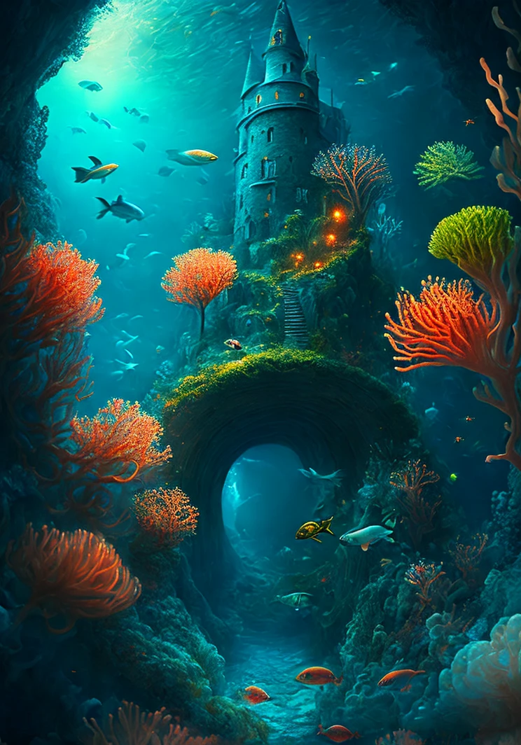 Deep sea, spiral castle, colorful corals, dreamy colors, chasing fish, darkness, movie, details