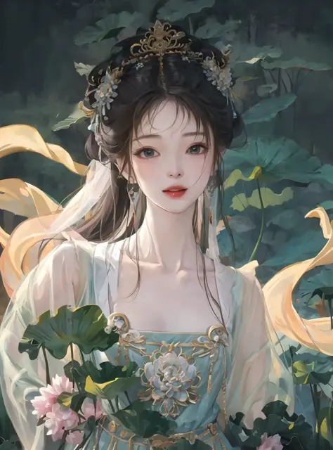 1girl, wearing Hanfu, lotus leaf, best quality, master, (full body: 1), highres, pretty face, hair accessories, (big breasts: 1) (solo: 1), looking at viewer, lips, dress, heal order , necklace, jewelry, (ridiculous long hair: 1.4), earrings, Hanfu, archit...