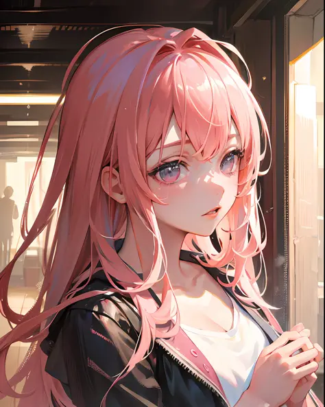Best quality, masterpiece, ultra high res, (photorealistic:1.4), raw photo, 1girl, pink hair, shiny skin, dramatic lighting