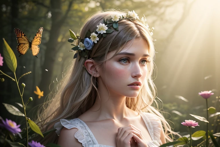 (8k, RAW photo, realistic, photo-realistic, hyper-realistic, highest quality, best quality, masterpiece, highly detailed, absurdres:1.2),
([Emily Browning:Gemma Arterton:0.5]), 1 elven child, 1 girl, fairy, fantasy,
mushroom circle, surrounded by flowers, delicate features, silver hair, glowing blue eyes, mystical aura, angry expression, tears, delicate features, hand on heart, surrounded by woodland creatures, hair adorned with flowers, wearing a translucent sundress, surrounded by butterflies, surrounded by birds, surrounded by sunlight,
(flowers:1.1), floating petals,
(ultra-detailed 16k skin texture with slight imperfections:1.2),
Cerulean and Emerald colour palette,
ultra-sharp focus, shallow depth of field, Diffused lighting , Radiant light rays, Macro Photography , Volumetric Fog