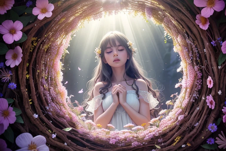 From above, look up, (8k, RAW photo, realistic, photo-realistic, hyper-realistic, highest quality, best quality, masterpiece, highly detailed, absurdres:1.2),
1 elven child, 1 girl, fairy, fantasy,
mushroom circle, surrounded by flowers, delicate features, silver hair, glowing blue eyes, mystical aura, angry expression, tears, delicate features, hand on heart, surrounded by woodland creatures, hair adorned with flowers, wearing a translucent sundress, surrounded by butterflies, surrounded by birds, surrounded by sunlight,
(flowers:1.1), floating petals,
(ultra-detailed 16k skin texture with slight imperfections:1.2),
Cerulean and Emerald colour palette,
ultra-sharp focus, shallow depth of field, Diffused lighting , Radiant light rays, Macro Photography , Volumetric Fog