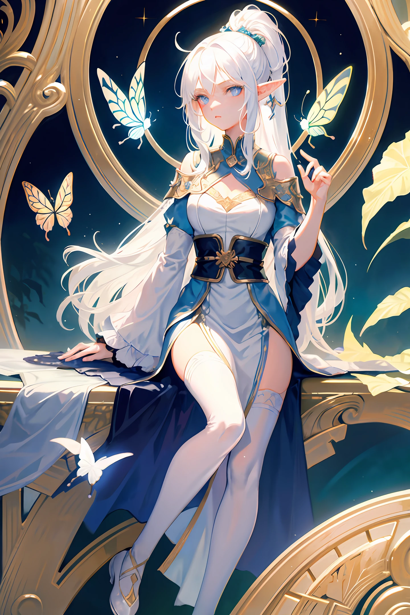 1girl, solo, white hair, pointy ears, elf ears, undercut, blue eyes, (gauze clothes: 1.0), (elf: 1.0), (detailed background: 1.0), (art nouveau: 1.3) , fine golden pattern background, butterfly, butterfly elf, fantasy, plant, forest