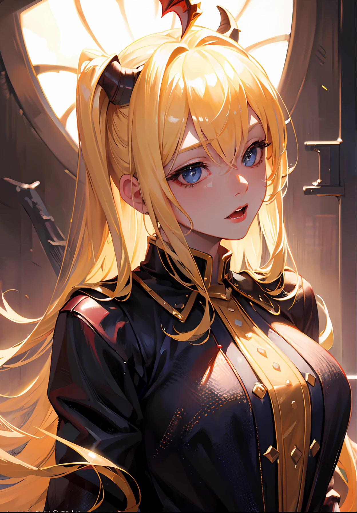 Best quality, masterpiece, ultra high res, (photorealistic:1.4), raw photo, 1girl, blonde hair, shiny skin, dramatic lighting, (fantasy), vampire, horn,