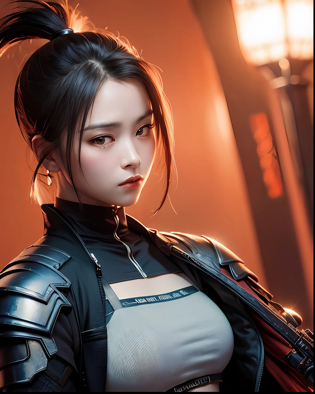 (Obra maestra), un primer plano de una mujer sosteniendo una espada con luces rojas, very beautiful cyberpunk samurai, personaje de videojuego katana zero, ella está sosteniendo una espada katana, rossdraws pintura digital, iu lee ji-eun como supervillano, ig model | germen de arte, tendencia en cgstation, Ross Tran 8K, katana, germen de arte and ruan jia, Alta resolución 4K.