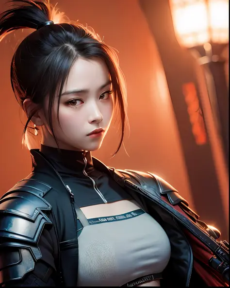 (masterpiece), a close up of a woman holding a sword with red lights, very beautiful cyberpunk samurai, katana zero video game c...