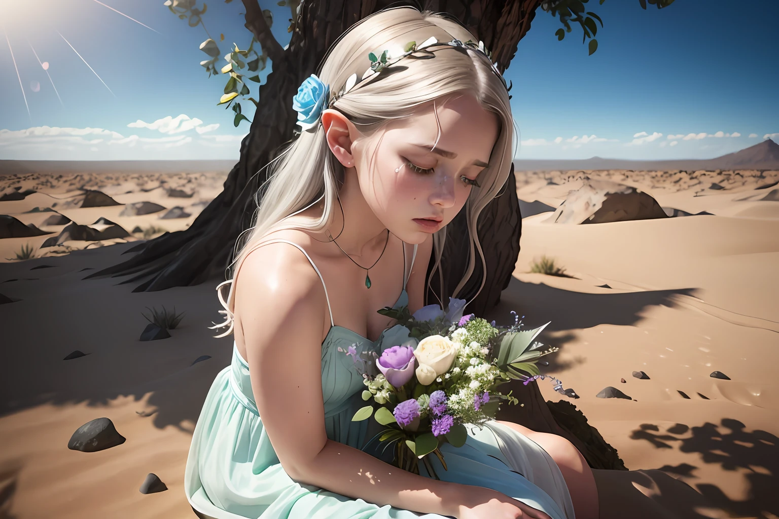 (dirt sprinkled face), (holding a flower), From above, look up, wide angle, 8k, RAW photo, realistic, photo-realistic, hyper-realistic, highest quality, best quality, masterpiece, highly detailed, absurdres:1.2), 1 elven child, 1 girl, fairy, fantasy, sitting in a desert, surrounded by sand, surrounded by pieces  rocks, delicate features, silver hair, glowing blue eyes, mystical aura, angry expression, ((tears)), delicate features, (a dirt stain on face), surrounded by dead woodland creatures on ground, hair adorned with flowers, wearing a translucent sundress, surrounded by butterflies on fire, volumetric sunlight at corner, (rotten flowers), floating dust, (ultra-detailed 16k skin texture with slight imperfections:1.2), Cerulean and Emerald colour palette, ultra-sharp focus, shallow depth of field, Diffused lighting , Radiant light rays, Macro Photography , Volumetric Fog