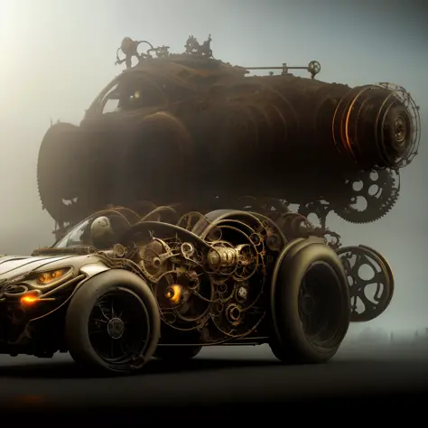 biomechanical steampunk vehicle reminiscent of fast sportscar with robotic parts and (glowing) lights parked in ancient lush palace, gothic and baroque, brutalist architecture, ultradetailed, 3D BrassInstrumentAI cycle render, sharp focus, , Intricate by E...