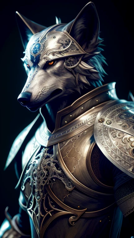 Cavaleiro lobo antropomórfico::3 retrato, armadura finamente detalhada, design intrincado, prata, seda, iluminação cinematográfica, 4K, - --beta --upbeta --upbeta