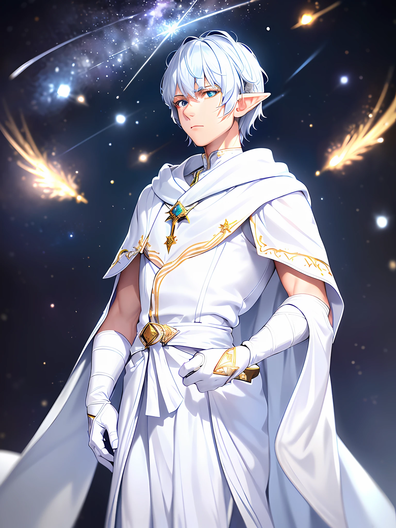 Fine, (Best Illustration), 8k Resolution, Intricate Details, Best Quality, Realistic, Ultra Detailed, Best Lighting, Best Shadows, Ultra HD, ((((Handsome Young Man))), ((teenage :1.5)), (glowing blue eyes), ((((short white hair: 1.1))), ((white clothes)), (prince\\(indifferent expression\\),, (fit body), (( (Wearing high detail luxurious white robe))), silver hair, starry night sky, falling meteors, (Elf ears)