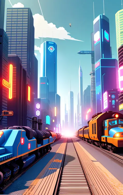 Super locomotive, cyberpunk city, many robots on the road
