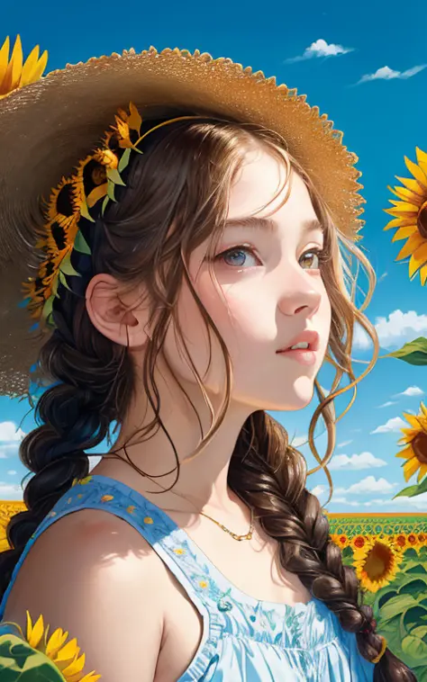 (4K quality, a masterpiece) A girl. He wears a sunflower straw hat and braids on his head. The background is a large field of su...
