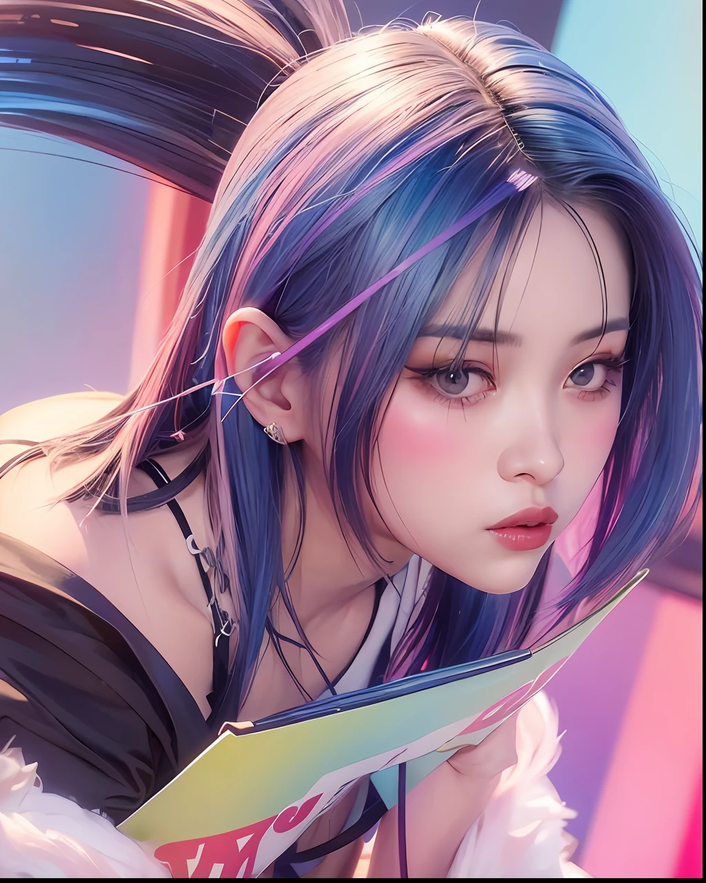 um close de uma pessoa com uma faixa na cabeça, arte digital inspired by Yanjun Cheng, tumblr, arte digital, arte vibrante dos fãs, Retrato de Lofi, obras de arte no estilo de guweiz, neo vaporwave, pintura digital colorida, estética cibernética, retrato do ídolo kpop, Yanjun Chengt, ilustração digital de anime, retrato nft, arte digital de anime cyberpunk.