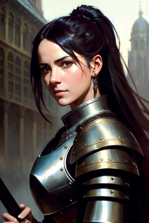 Human female, wearing light iron armor, red inner lining, long black ponytail, brown pupils, white cloak, holding an iron shield and a war hammer, confident modelshoot style expression, (very detailed CG uniform 8k wallpaper) , Full Body Photographs of the Most Beautiful Artwork in the World, Medieval Armor, Ed Blinkey, Atey Ghailan, Studio Ghibli&#39;s Professionally Magnificent Paintings, Jeremy Mann, Greg Manchess, Antonio Moro, Trending on ArtStation, Trending on CGSociety Trends, Intricate, High Detail, Sharp focus, dramatic, photorealistic drawing art, by midjourney and greg rutkowski