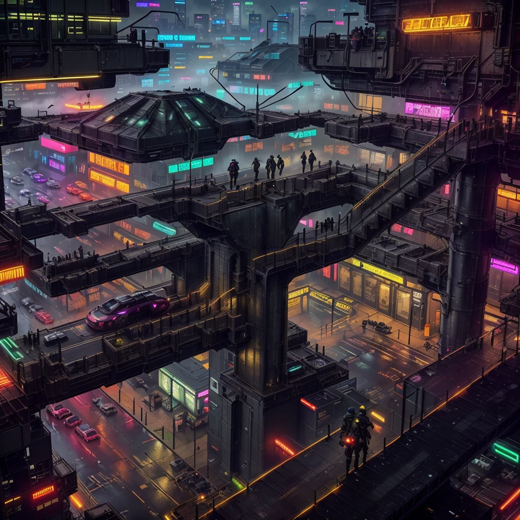 Create a photo-realistic image of a cyberpunk city at night. The main focus of the image should be the dense and complex multi-level street layout, with bridges, ramps, tunnels and stairs connecting different levels. The street layout should show the diversity and creativity of the city’s inhabitants. The image should also show some neon lights of various colors and shapes. The image should have some steamy channel covers, emitting fog and smoke into the air. The image should have a dark and gritty atmosphere, showing the contrast between the high-tech and the low-life. rain effects,wet and gloomy mood. people, vehicles, robots and drones moving around, less prominent than the street layoutcybernetic enhancements, prosthetic limbs, implants, goggles