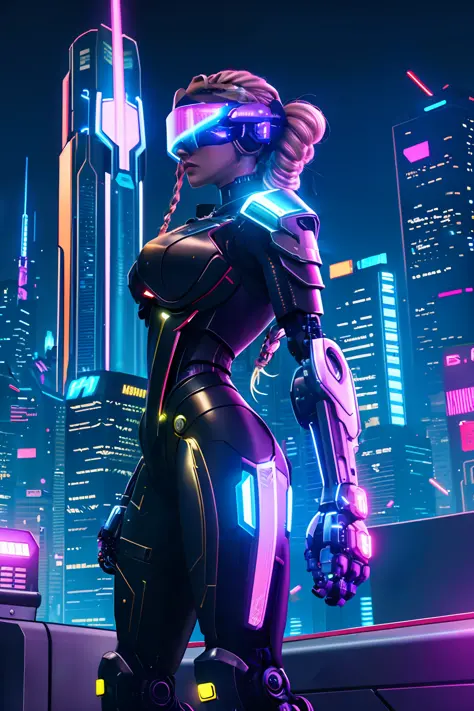 masterpiece, best quality, ultra-detailed, illustration, 1girl, solo, standing, confident, serious expression, cyberpunk, paladi...