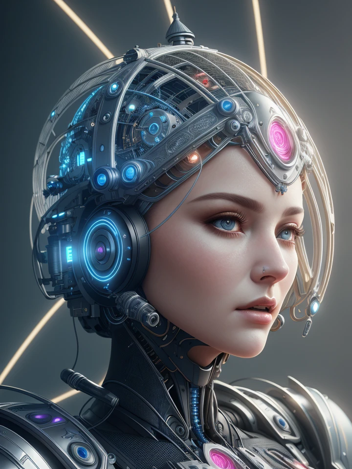 komplexes, ultradetailliertes 3D-Rendering eines wunderschönen Porzellanbüstenprofils einer Frau mit Android-Gesicht, cyborg, steampunk details, Roboterteile, 150 mm, schönes Studio weiches Licht, Felgenlicht, lebendige Details, luxurious cyberpunk, Spitze, hyperrealistisch, anatomisch, Gesichtsmuskeln, kabel elektrische drähte, Mikrochip, elegant, schöner Hintergrund, octane render, H. R. Giger style, 8k, beste Qualität, Meisterwerk, Illustration, eine äußerst zarte und schöne, Extrem detailliert ,CG ,Einheit ,Hintergrund, (realistisch, photo-realistisch:1.37),Toll, fein detailliert, Meisterwerk,beste Qualität,offizielle Kunst, Extrem detailliert CG Einheit 8k Hintergrund, absurdesten, incredibly absurdesten, robot, Silberner Fahrerhelm