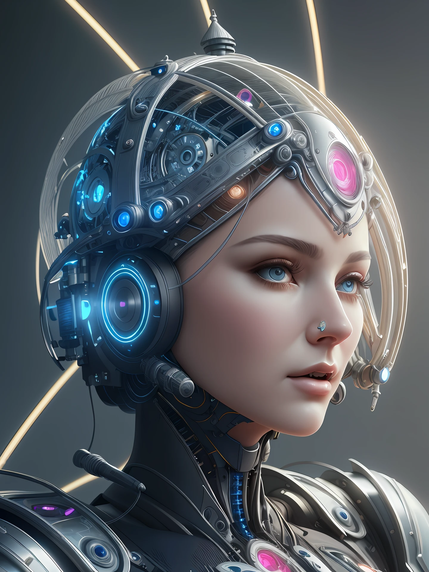 komplexes, ultradetailliertes 3D-Rendering eines wunderschönen Porzellanbüstenprofils einer Frau mit Android-Gesicht, cyborg, steampunk details, Roboterteile, 150 mm, schönes Studio weiches Licht, Felgenlicht, lebendige Details, luxurious cyberpunk, Spitze, hyperrealistisch, anatomisch, Gesichtsmuskeln, kabel elektrische drähte, Mikrochip, elegant, schöner Hintergrund, octane render, H. R. Giger style, 8k, beste Qualität, Meisterwerk, Illustration, eine äußerst zarte und schöne, Extrem detailliert ,CG ,Einheit ,Hintergrund, (realistisch, photo-realistisch:1.37),Toll, fein detailliert, Meisterwerk,beste Qualität,offizielle Kunst, Extrem detailliert CG Einheit 8k Hintergrund, absurdesten, incredibly absurdesten, robot, Silberner Fahrerhelm