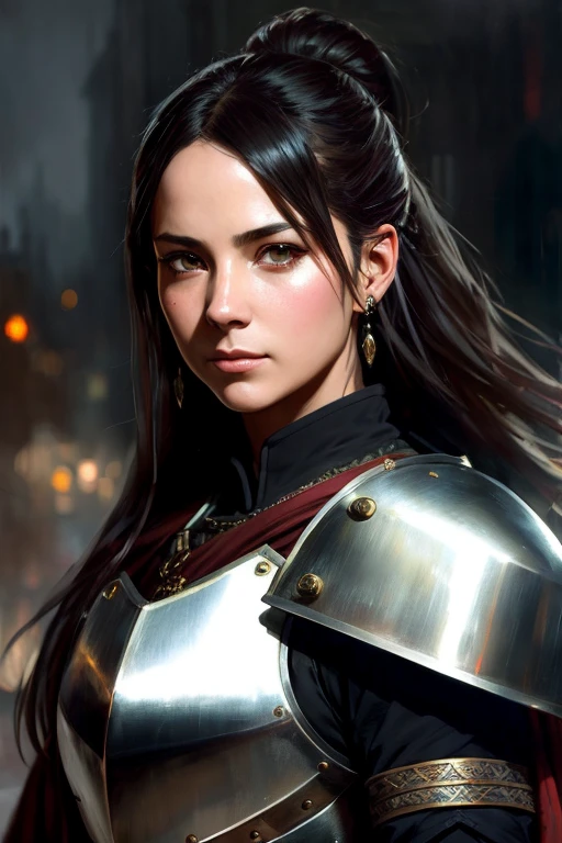 Human female, wearing light iron armor, red inner lining, long black ponytail, brown pupils, white cloak, holding an iron shield and a war hammer, confident modelshoot style expression, (very detailed CG uniform 8k wallpaper) , Full Body Photographs of the Most Beautiful Artwork in the World, Medieval Armor, Ed Blinkey, Atey Ghailan, Studio Ghibli&#39;s Professionally Magnificent Paintings, Jeremy Mann, Greg Manchess, Antonio Moro, Trending on ArtStation, Trending on CGSociety Trends, Intricate, High Detail, Sharp focus, dramatic, photorealistic drawing art, by midjourney and greg rutkowski