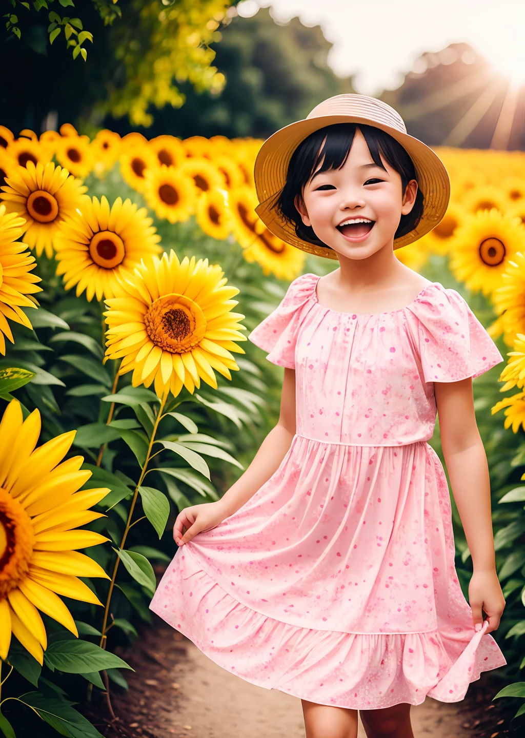 A close up of a child in a pink dress and hat in a field of 