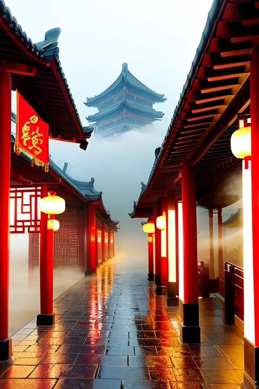 ((beautiful),(ancient Chinese city),(after the rain),(sentimental)),(feelings),(quiet),(street),(meditative),(black and white:0.3)|(fog:1.3), (light rain: 1.2+ heavy rain: 1.3)