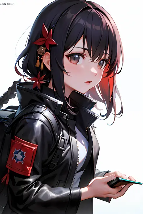 front view, looking at viewer, (((solo))), 1 girl, yandere, assasin, pyscho, short bangs, black eyes, empty eyes, short black hair, japanese, sheepskin leather jacket, red jacket, walking, japanese city at night, ((dramatic)), scene, (( cinematic, ultra-de...