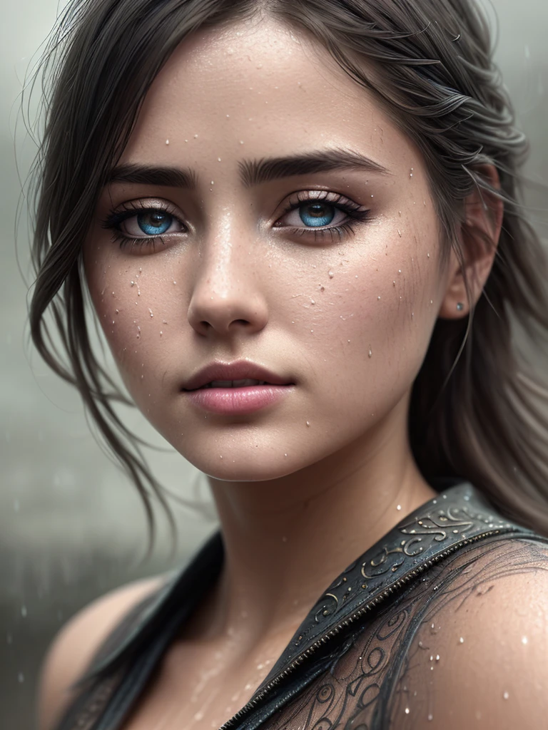 a portrait photo Ana de Armas, detailed rain, wet skin, freezing ...