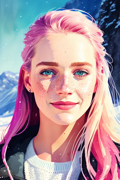 portrait of beautiful smiling woman with some freckles, snow-covered mountain landscape background by ilya kuvshinov and annie l...