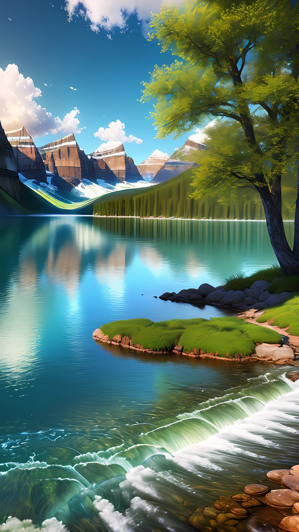 paysage, eau (fond d&#39;écran CG Unity 8k extrêmement détaillé), la plus belle œuvre d&#39;art du monde, peinture à l&#39;huile majestueuse professionnelle, complexe, détail élevé, netteté, Spectaculaire, peinture photoréaliste