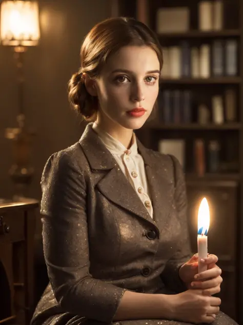portrait of a 28-year-old English woman, dressed in 1940s style, seated, holding candle with bright light in right hand, (dark private study, old furniture, soft lighting:1.3)