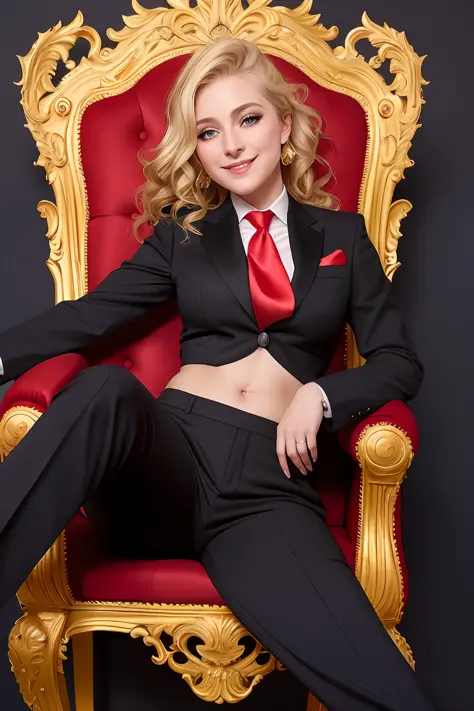 Blonde woman in suit, red tie and black pants sitting on a throne laughing, midriff exposed, from below, legs crossed, showing feet, dramatic lighting, highest quality, red eyes, evil, Cinematic lighting, toned body, perfect face, looking at viewer, golden...