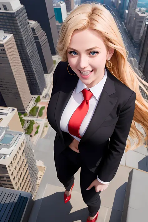 blonde ((giantess)) woman in suit, red tie and black laughing, midriff exposed, dramatic lighting, highest quality, red eyes, ev...