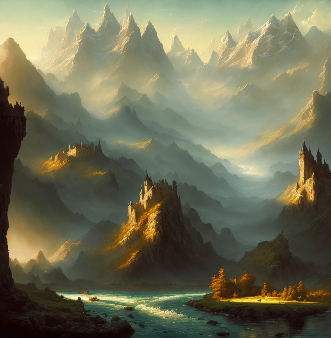 A painting of a mountain scene with a river and a castle - SeaArt AI