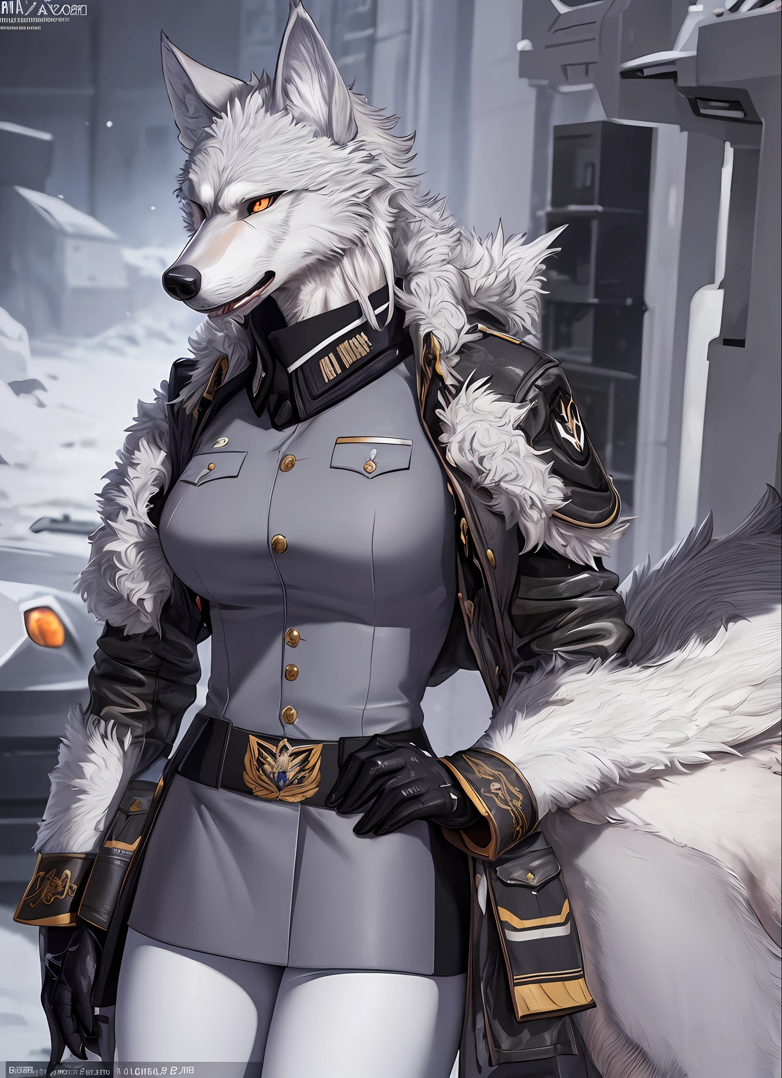 Masterpiece, realistic, best quality, ((finely detailed wolf)), (very detailed CG unity 8k wallpaper), professional artwork, Furry, Prussian,  military uniform, German, 1girl, gorgeous military Prussian uniform, wolf, humanoid, sci-fi, 1980s, 1980s tanks,