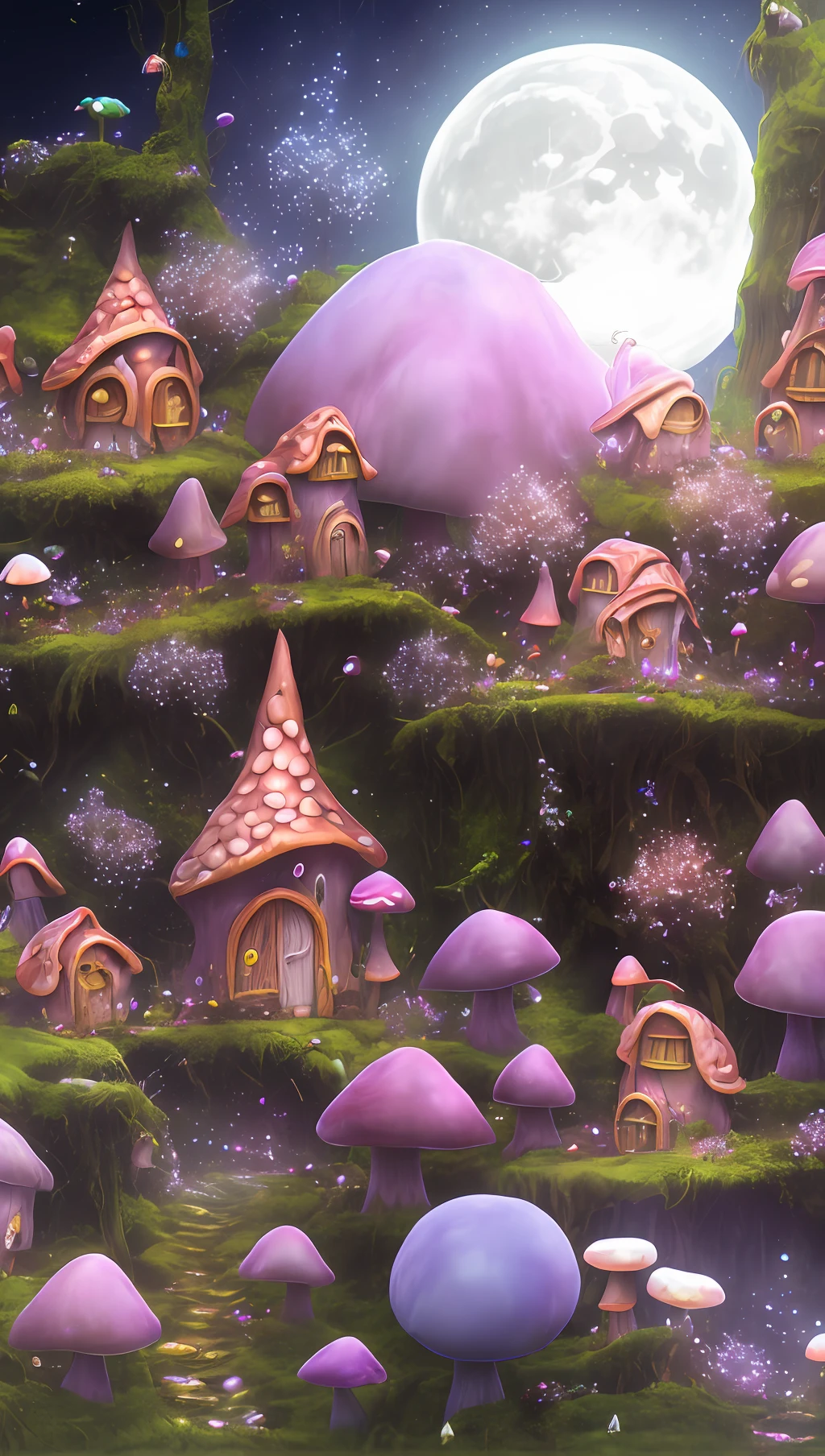 mdjrny-v4 style original, masterpiece, dream light, fantasy, fairy, mushroom houses, little fairy village made out of mushrooms, flowers, forrest, moon light, night time, iredescent lighting, highly detailed, 8k background, twinkle lighting, unreal engine, mushrooms everywhere, rainbow, mushroom temple, mushroom church, fairies flying around, Coprinopsis atramentaria, pink,