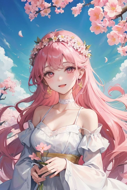 cherry_blossoms, falling_petals, petals, branch, pink_flower, 1girl,20-year-old, blue_sky, spring_\(season\), petals_on_liquid, flower, hanami, dress, (golden long curly hair: 1.5), wearing flower wreath, sky, outdoor, Clouds, bangs, smile, pink eyes, white dress with cherry blossoms, bare shoulders, earrings, best quality. Picture perfect. holding_flower, wind, tree, looking_at_viewer, cowboy shot, detail enhancement.